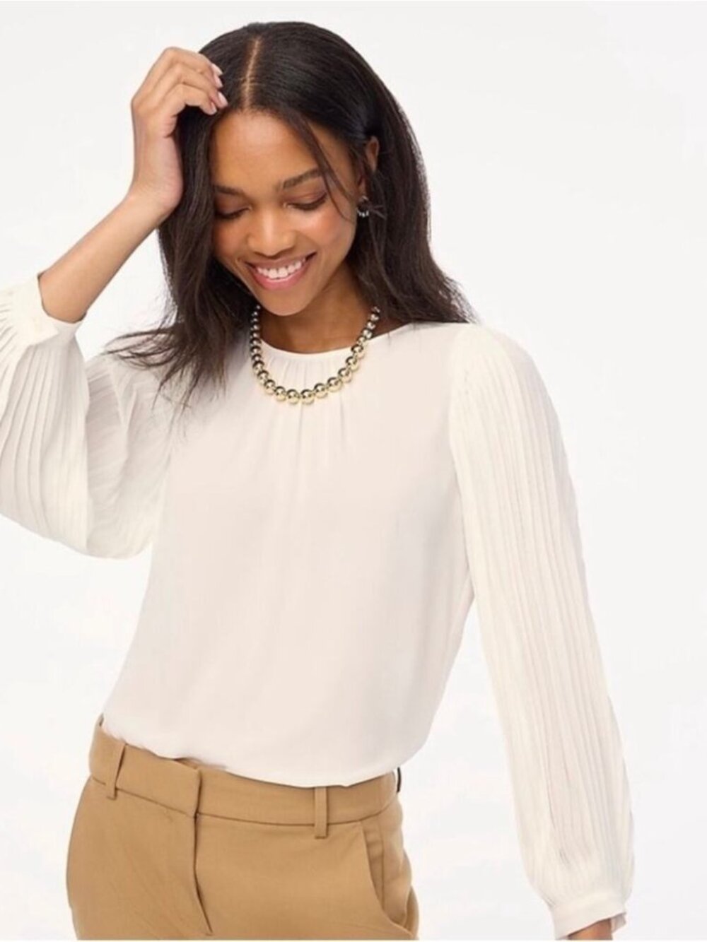 J.Crew Pleated Sleeve Top White XL NWT Long Sleeve Blouse